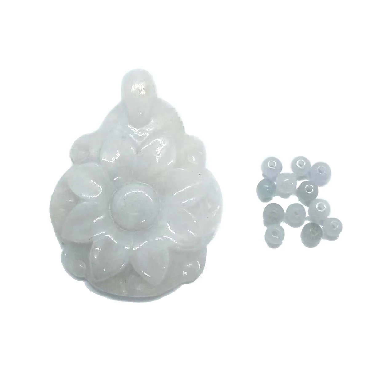 65 Cts White Jadeite Necklace Kit: White Jadeite Carved Flowers, Approx 30x40mm + 12x 4mm White Jade Rounds