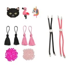 Animal Seedbead Charms Kit; 3 X Charms, 2 X Rope Bracelets, 4 X Tassels, 6mm Light Pink Bicones (100pcs), 6mm Dark Pink Bicones (100pcs)