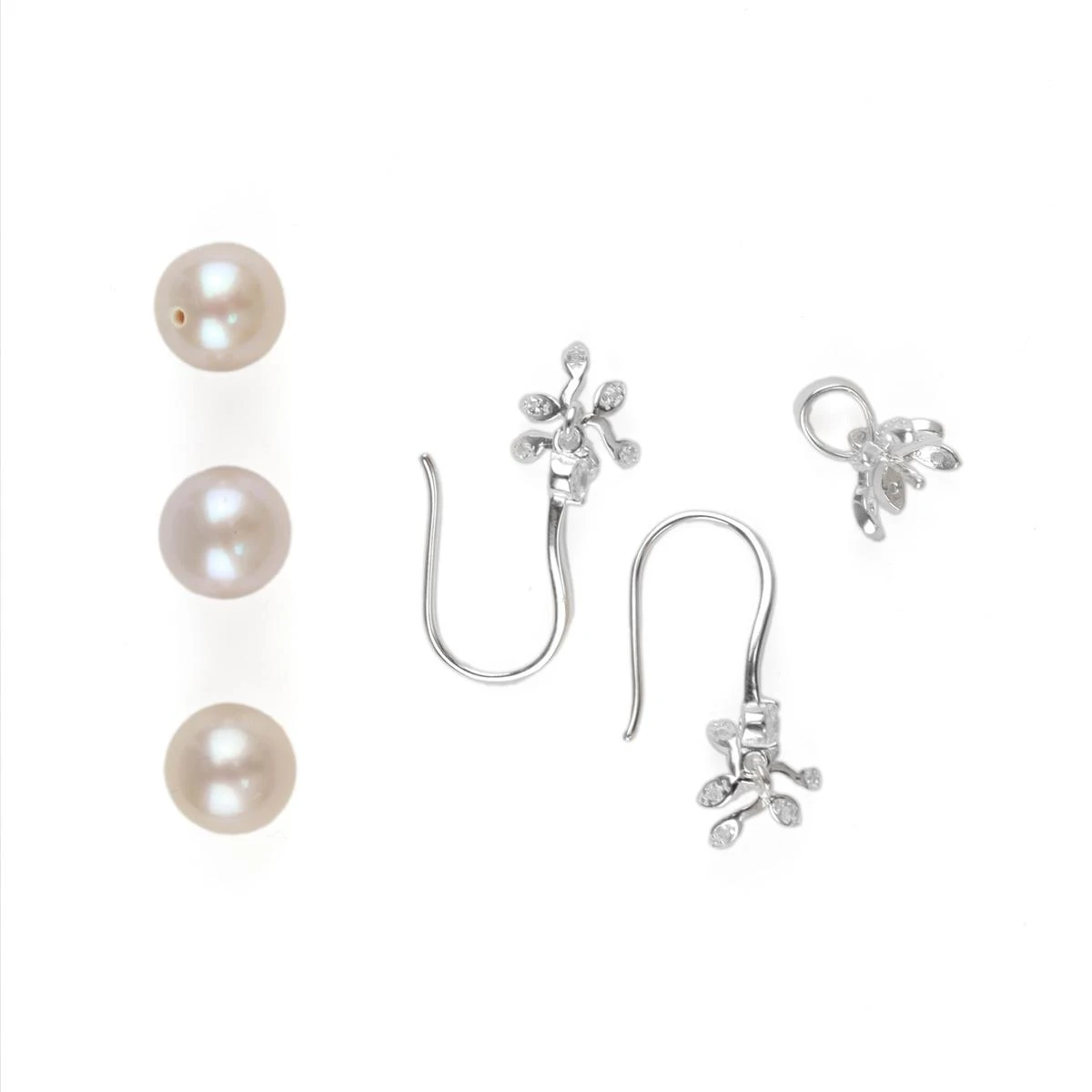 925 Sterling Silver Floral Earrings With Pearl Pegs & Pendant With Peg + 3pcs, White Freshwater Pearls & White Topaz