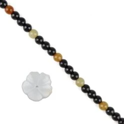 Burmese Sunset: White Jadeite Flower Approx 20mm, Yellow & Black Jadeite Rounds, Approx 6mm, 20cm Strand