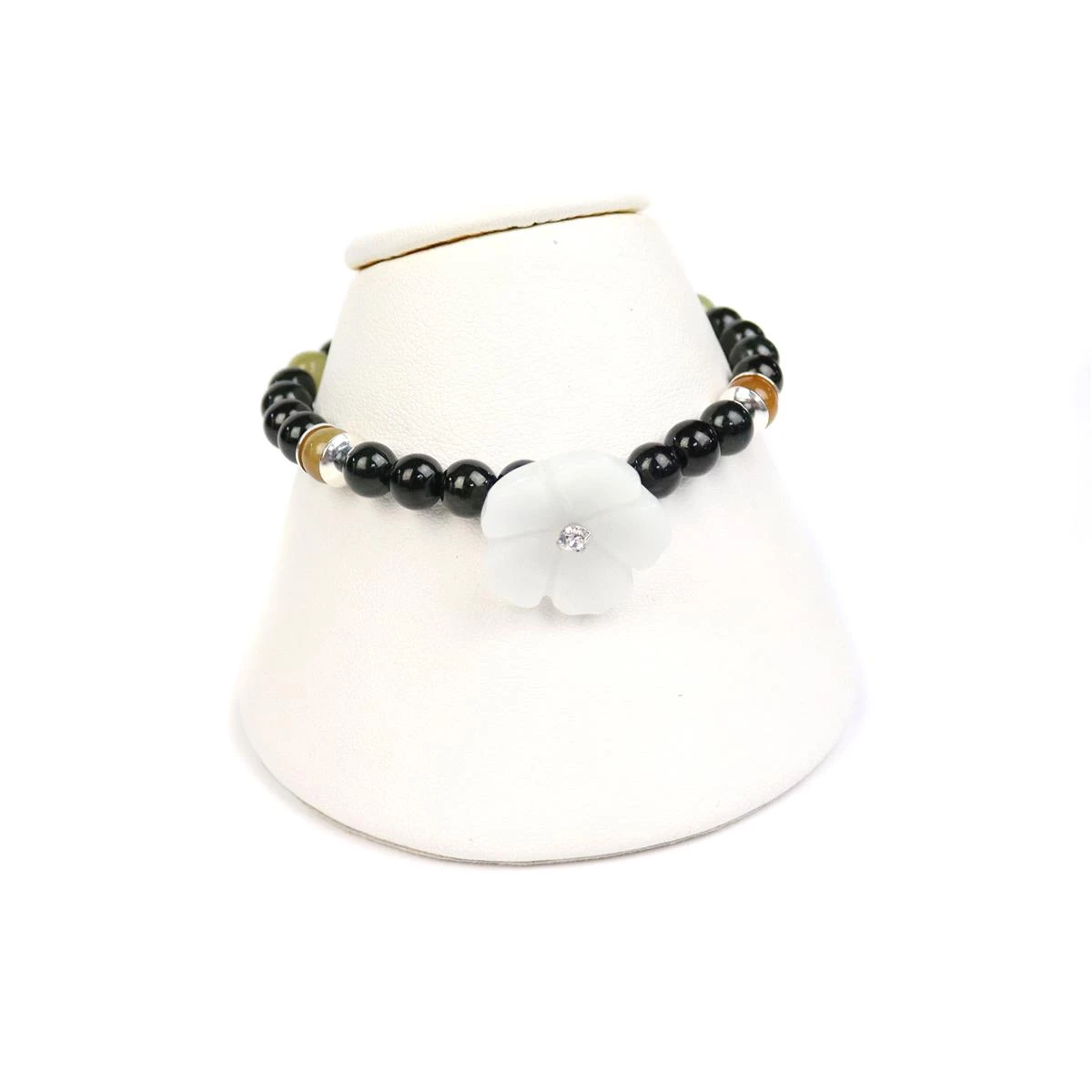 Burmese Sunset: White Jadeite Flower Approx 20mm, Yellow & Black Jadeite Rounds, Approx 6mm, 20cm Strand - Image 2