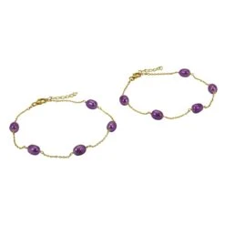 Gold Plated 925 Sterling Silver Beaded Bracelet With Dyed Purple Freshwater Cultured Rice Pearls, Approx 8" + 1" Extender Chain, (Pack Of 2)