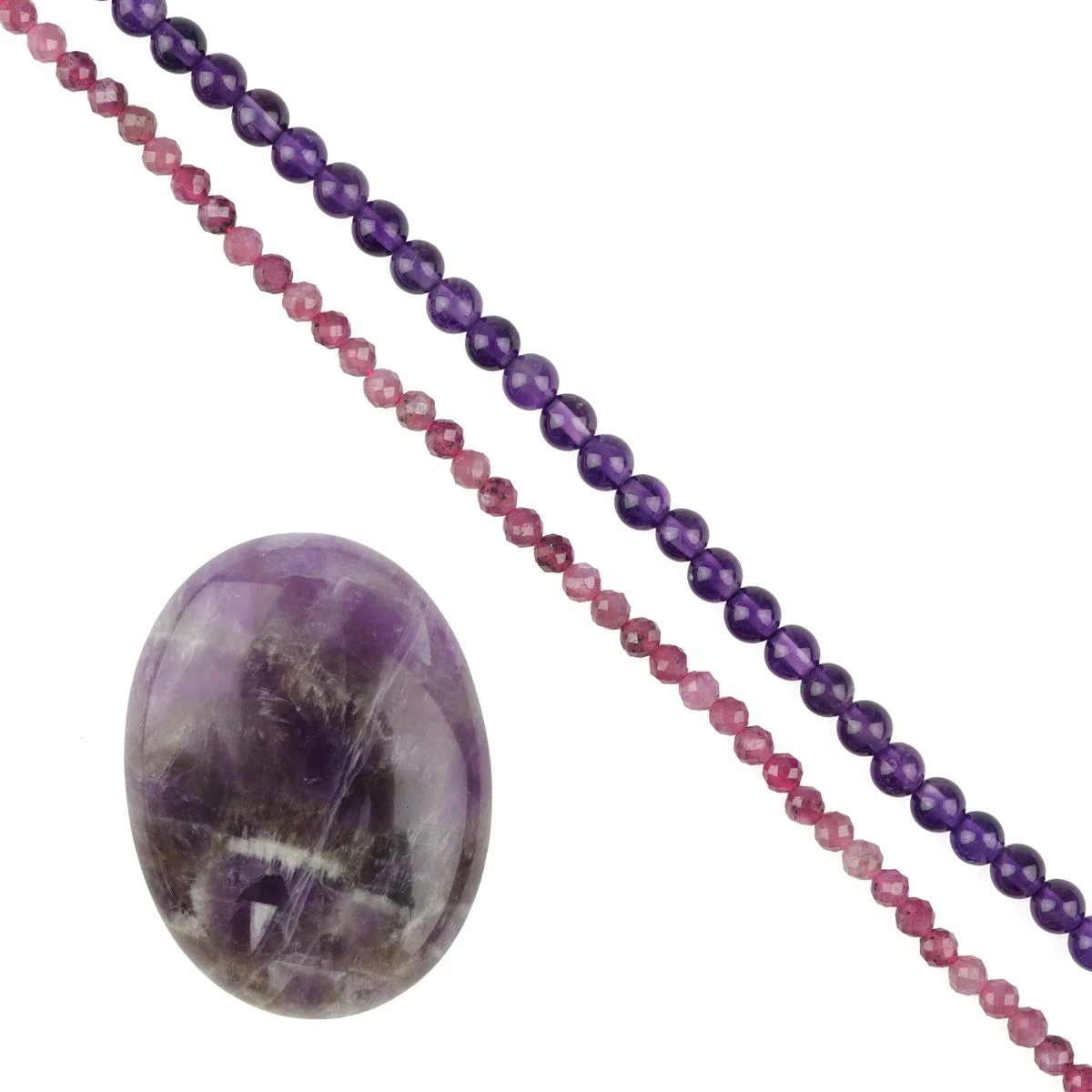 100 Cts Purple Aztec Pendant Kit (Amethyst Calibrated Oval, 40x30mm & Faceted Round Ruby, 3mm; 20cm Strand & Plain Round Amethyst, 4mm; 20cm Strand)