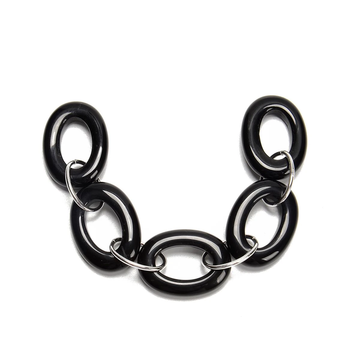 925 Sterling Silver & Black Agate Oval Link Chain, 13cm Length