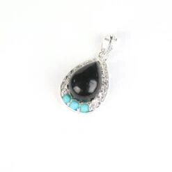 925 Sterling Silver Type A Black Jadeite Pendant With Turquoise & White Topaz